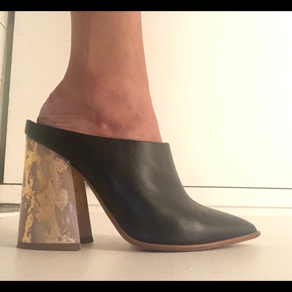 Eugenia Kim Shoes - Eugenia Kim size 7 black leather mules gold heel